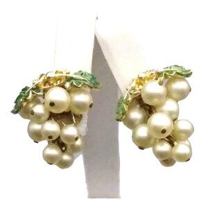 Vintage Pearl Grape Cluster Earrings, Clip On Grapes with Green and Gold Enamel